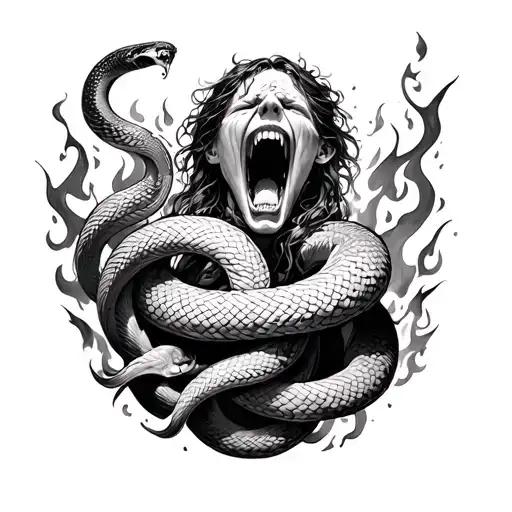 Souls falling downward into fire, twisted and screaming. A serpent coiling around the bicep, weaving between the souls. tattoo design idea