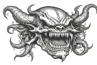 demon skull mouth open with fangs tattoo design idea