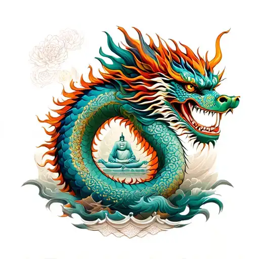 Arm full sleeve Japanese dragon, a Buddha and mandala tattoo design idea