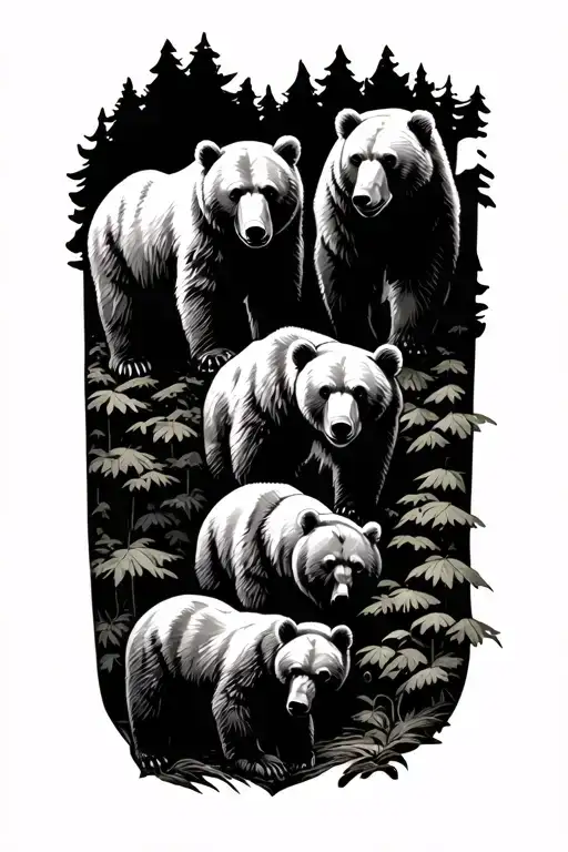 forest landscape with 6 bears tattoo design idea