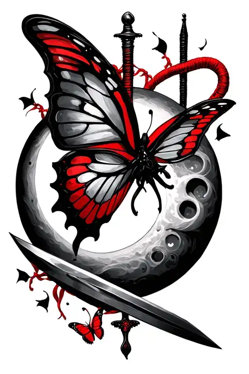 sword ,cresent moon, red thread, butterfly made tattoo design idea