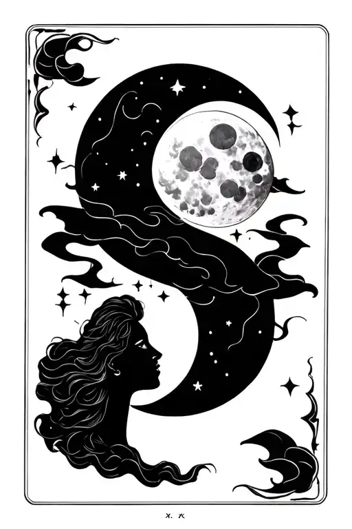 tarot card sun and moon with black woman clouds floating XI-XXI tattoo design idea
