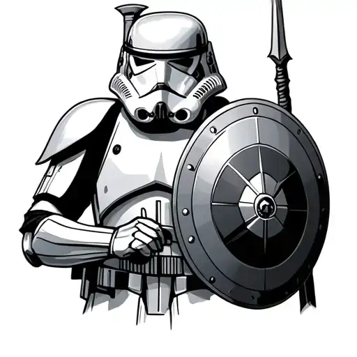 Stormtrooper dressed like a Spartan soldier holding a shield and spear tattoo design idea