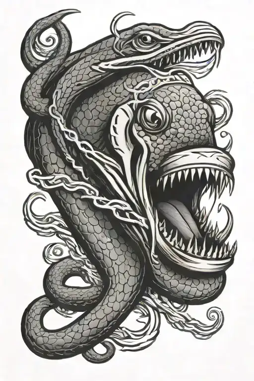 eel with its mouth caught on a fishing hook  tattoo design idea