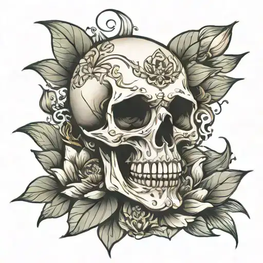 skull with smoke coming out of the eyes with a lotus flower in the mouth.  tattoo design idea