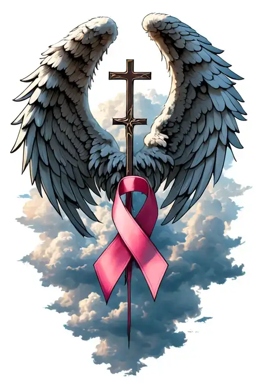 angel wings and a cross a cancer ribbon with clouds in the background  tattoo design idea