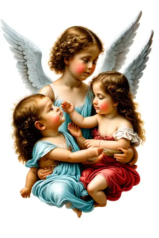 3 girls, 1 boy, 1 angel baby playing with angels and god tattoo design idea