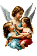 3 girls, 1 boy, 1 angel baby playing with angels and god tattoo design idea