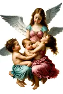 3 girls, 1 boy, 1 angel baby playing with angels and god tattoo design idea