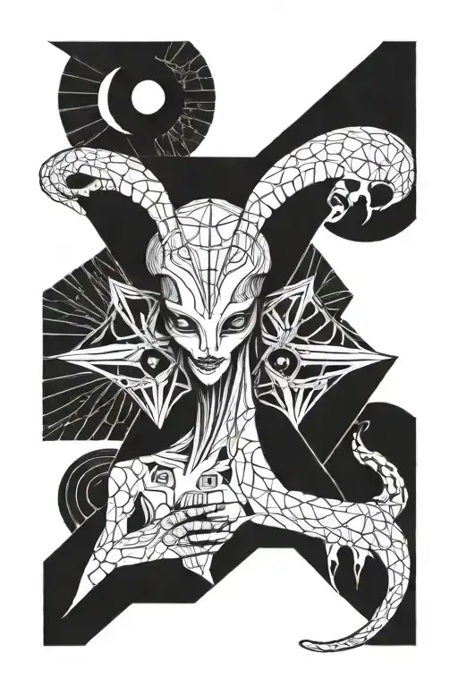 sexy feminine alien sacred geometric tattoo stencil drawn on white paper tattoo design idea