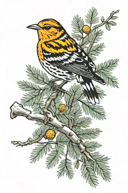 blackburnian warbler on a dawn redwood branch tattoo design idea