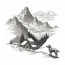 mountain valley with snowy tips with a man and a dog in the walking the trail, viewed from very far away tattoo design idea