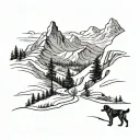 mountain valley with snowy tips with a man and a dog in the walking the trail, viewed from very far away tattoo design idea