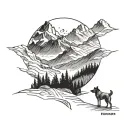 mountain valley with snowy tips with a man and a dog in the walking the trail, viewed from very far away tattoo design idea