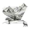 mountain valley with snowy tips with a man and a dog in the walking the trail, viewed from very far away tattoo design idea