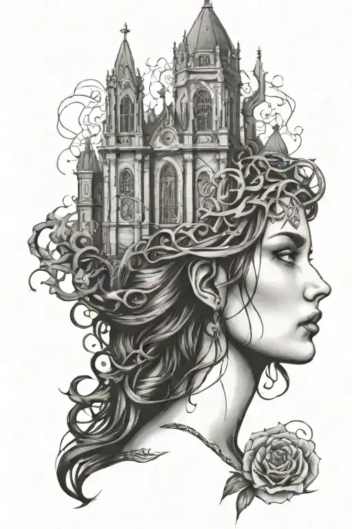 woman face with gothic church coming out of head tattoo design idea