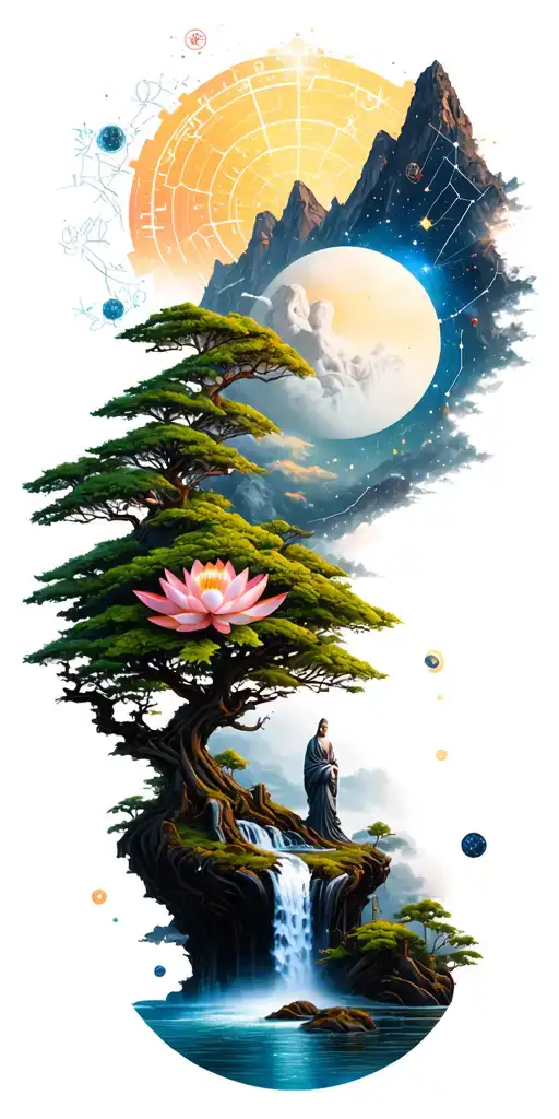 collage of space constellation, Buddhist mountain, trees, waterfall, lotus, wood mechanical gears tattoo design idea