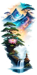 collage of space constellation, Buddhist mountain, trees, waterfall, lotus, wood mechanical gears tattoo design idea