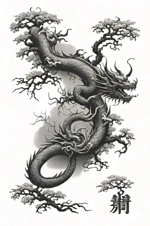 Chinese trees dragons and water  tattoo design idea