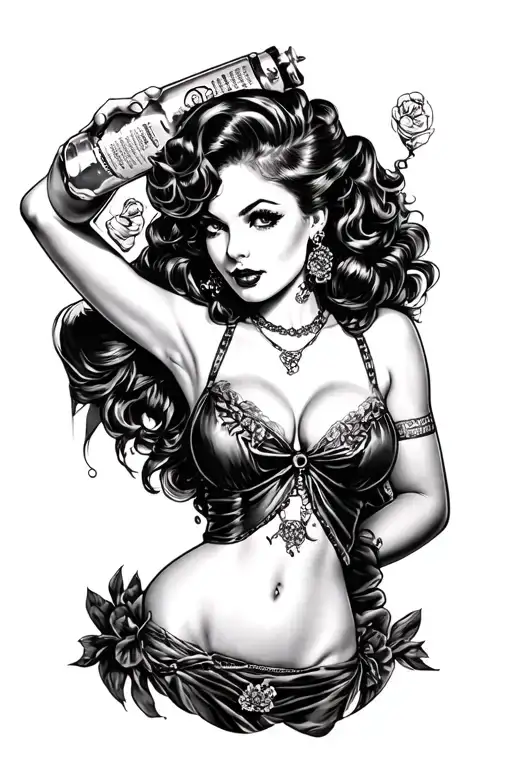 black and gray pinup girl holding bottle poison  tattoo design idea