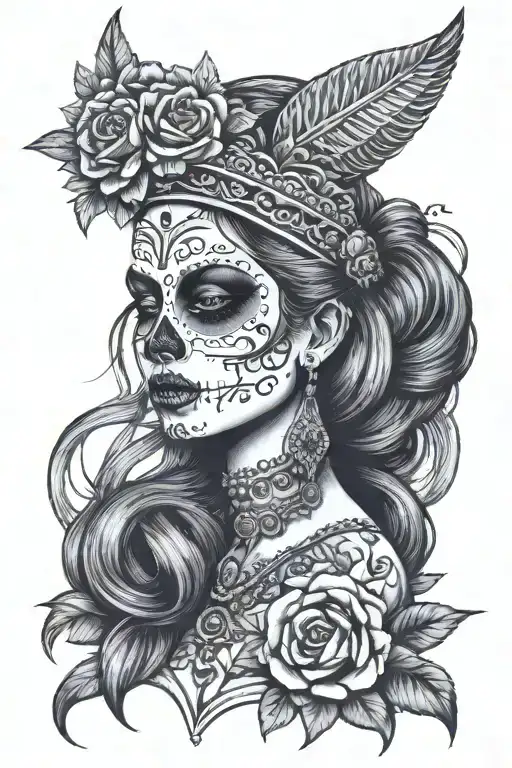 la catrina side profile traditional lady head with spiky thin rod headpiece and flower crown  tattoo design idea