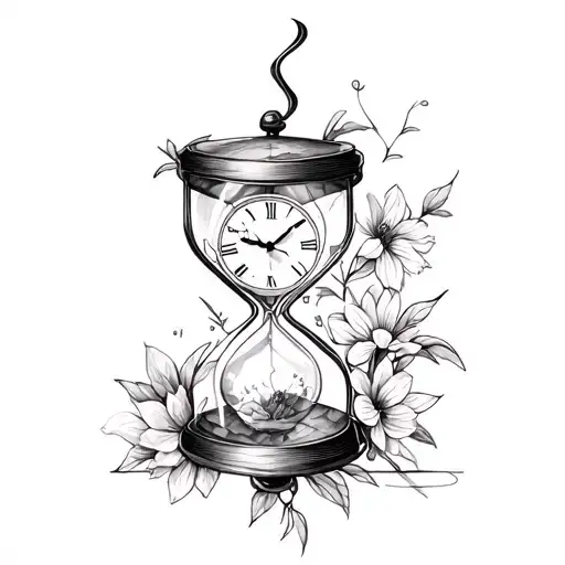 hour glass broken clock and flowers tattoo design idea