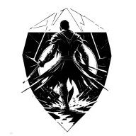 A warrior taking a step through a background of geometric destruction toward light. Seen from behind tattoo design idea