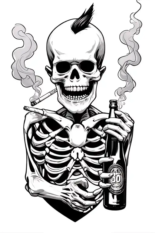 A skeleton with a mohawk, cigarette tattoos in his teeth, and smoke in his hands, holding a bottle of beer and wearing p tattoo design idea