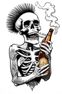 A skeleton with a mohawk, cigarette tattoos in his teeth, and smoke in his hands, holding a bottle of beer and wearing p tattoo design idea