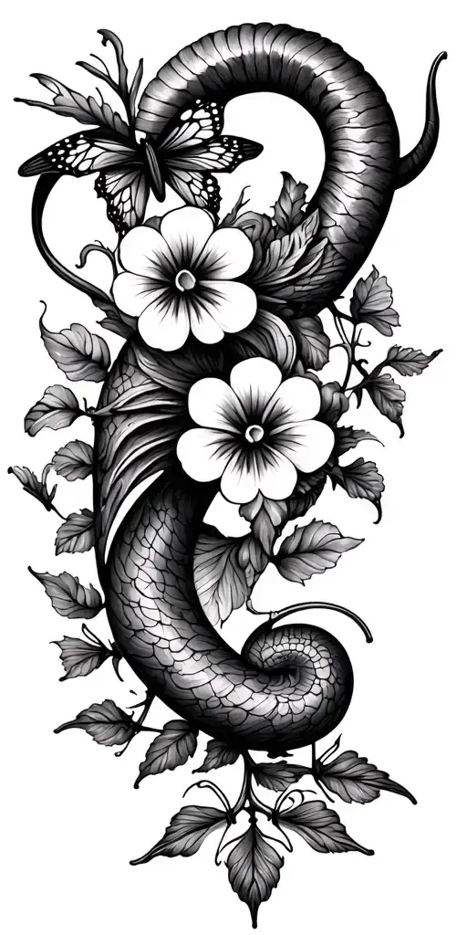 Capricorn symbols intertwined, Libra symbols, pansy flower,  butterfly, astrology, sea goat, butterflies, dragons, tattoo design idea