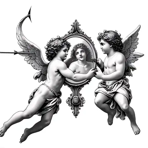 cupid shooting arrow into mirror at himseld tattoo design idea