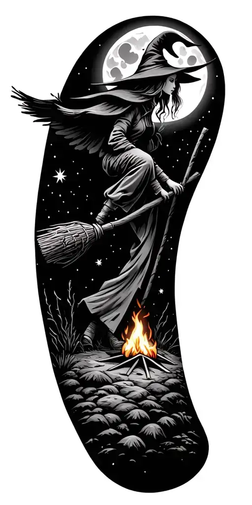 puzzle piece, camping, flying witch on broomstick, moon, campfire tattoo design idea