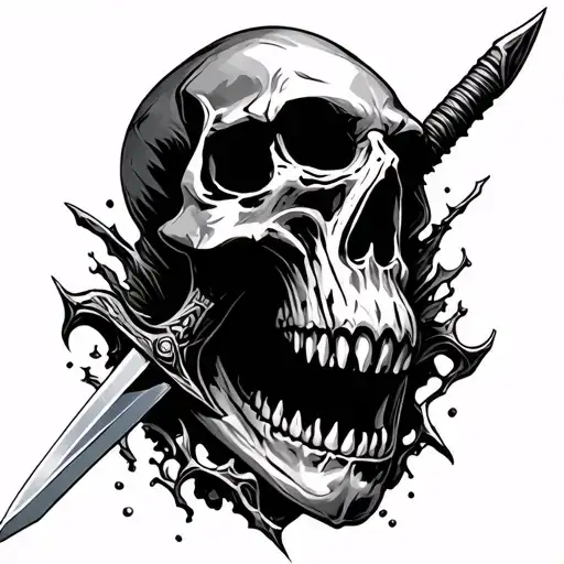 Skull with mouth open. Blade sword going through the top to the bottom.  tattoo design idea