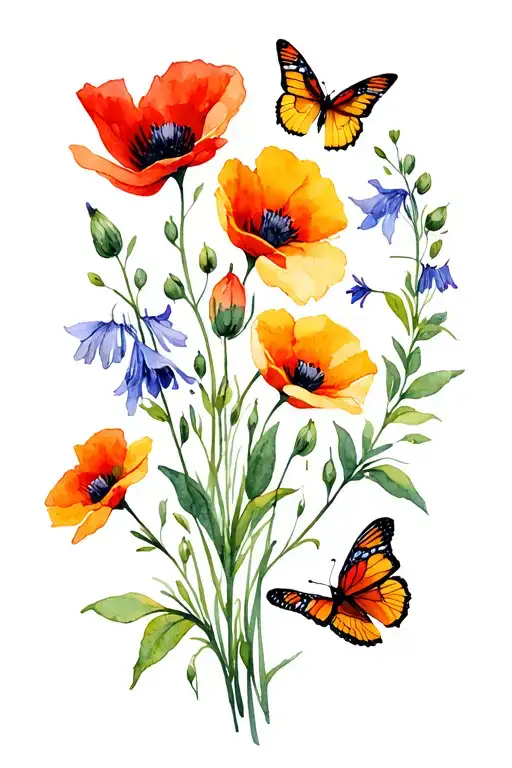 orange poppies, Spanish bluebells, red dogwood, maroon and yellow butterflies  tattoo design idea