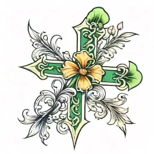 cross with iris and shamrock intertwined tattoo design idea