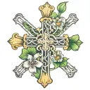 cross with iris and shamrock intertwined tattoo design idea