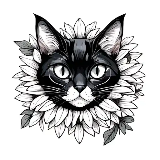 black cat with white nose and forehead, lizard and daisy tattoo design idea