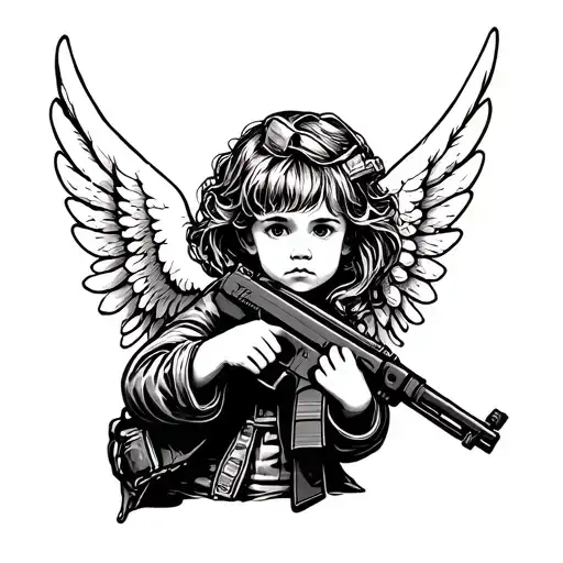 little angel with AK 47 or UZI tattoo design idea