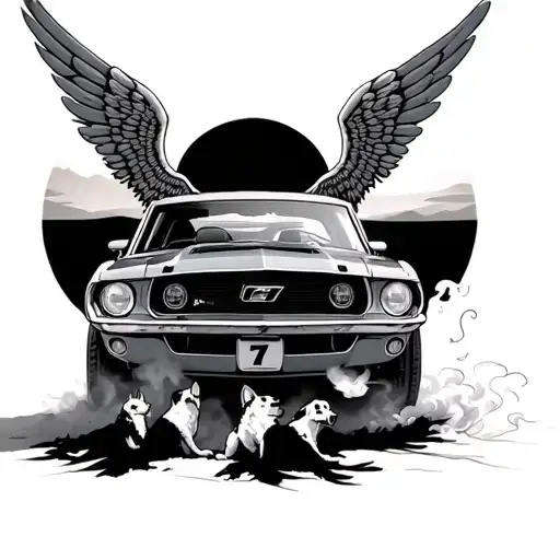 mustang with wings, driving into a sunset, number 7 on the side of car, 2 dogs out the window, smoke coming from tires tattoo design idea