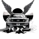 mustang with wings, driving into a sunset, number 7 on the side of car, 2 dogs out the window, smoke coming from tires tattoo design idea