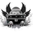 mustang with wings, driving into a sunset, number 7 on the side of car, 2 dogs out the window, smoke coming from tires tattoo design idea