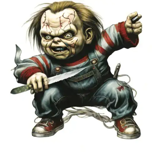 chucky chind angry with a knife going tattoo design idea