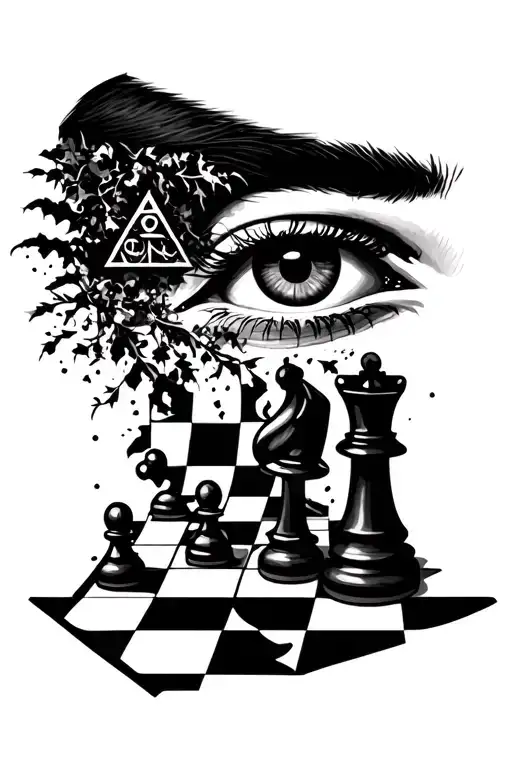 chess board, black forest silhouette, illuminati eye tattoo design idea