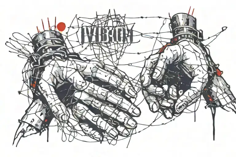 Hands wrapped in barbed wire reach out to each other and between them the inscription I will get everything I want. tattoo design idea