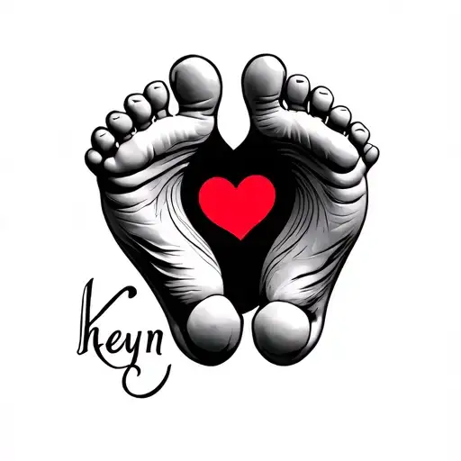 Baby foot foot in the name Kheytan who passes inside (the letter from the first name is superimposed) with a heart tattoo design idea