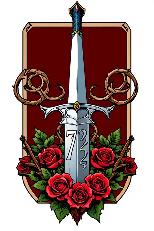 A simple design of a long medieval sword intertwined with roses and thorns, incorporating the numbers 732 on the blade. tattoo design idea
