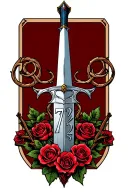 A simple design of a long medieval sword intertwined with roses and thorns, incorporating the numbers 732 on the blade. tattoo design idea