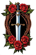 A simple design of a long medieval sword intertwined with roses and thorns, incorporating the numbers 732 on the blade. tattoo design idea