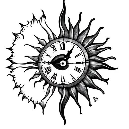 I want a black tattoo with a lot of shade with a sun with a clock dial that indicates 2 hours and one eye tattoo design idea