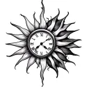 I want a black tattoo with a lot of shade with a sun with a clock dial that indicates 2 hours and one eye tattoo design idea